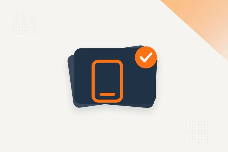 Flache Illustration einer dauerhaften Faxleitung: gestapelte schiefergraue Karten, ein oranges Telefon und ein Häkchen