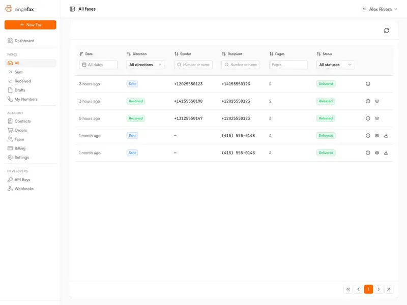 SingleFax inbox with sent and received faxes and delivery status