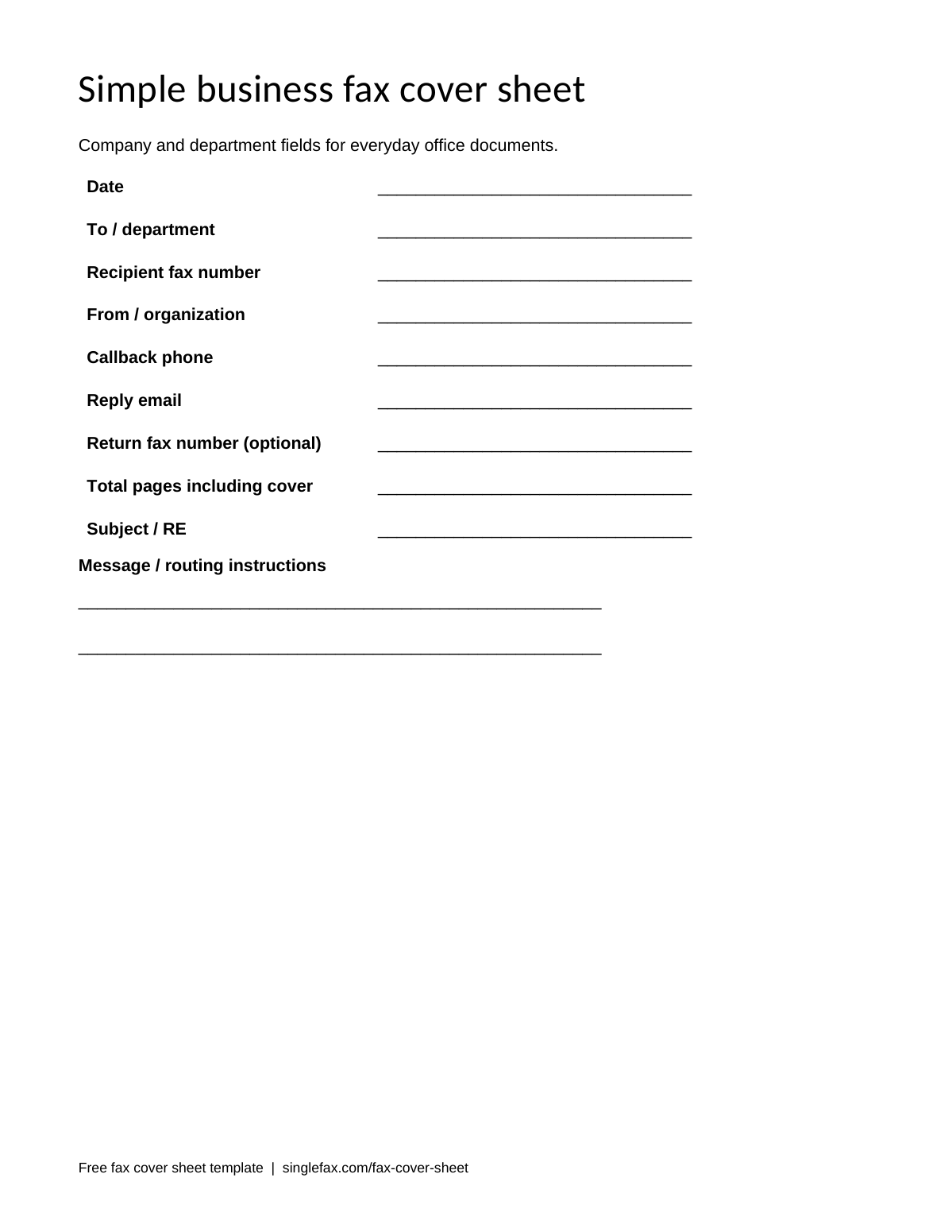 Free printable Simple business fax cover sheet template, available as PDF and Word