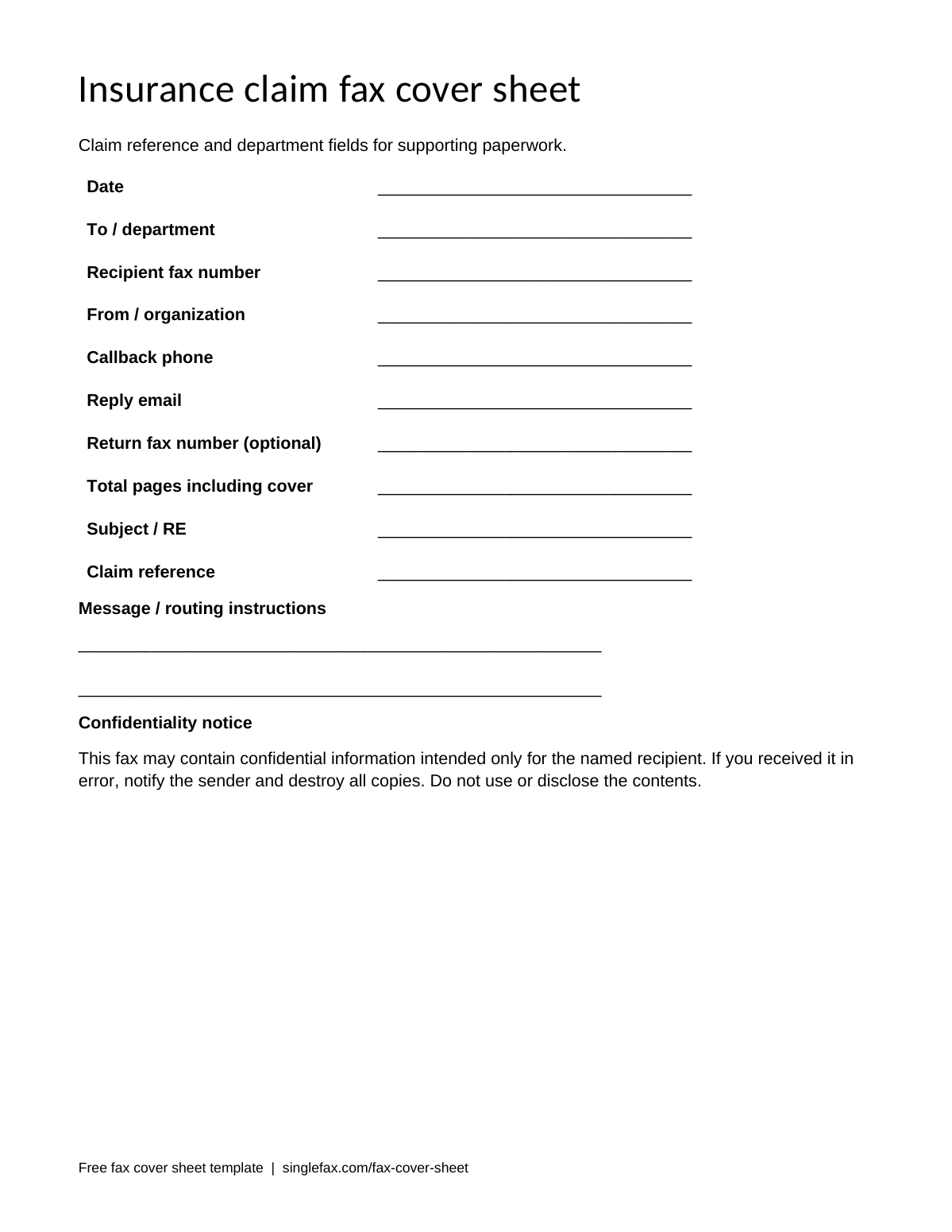 Free printable Insurance claim fax cover sheet template, available as PDF and Word