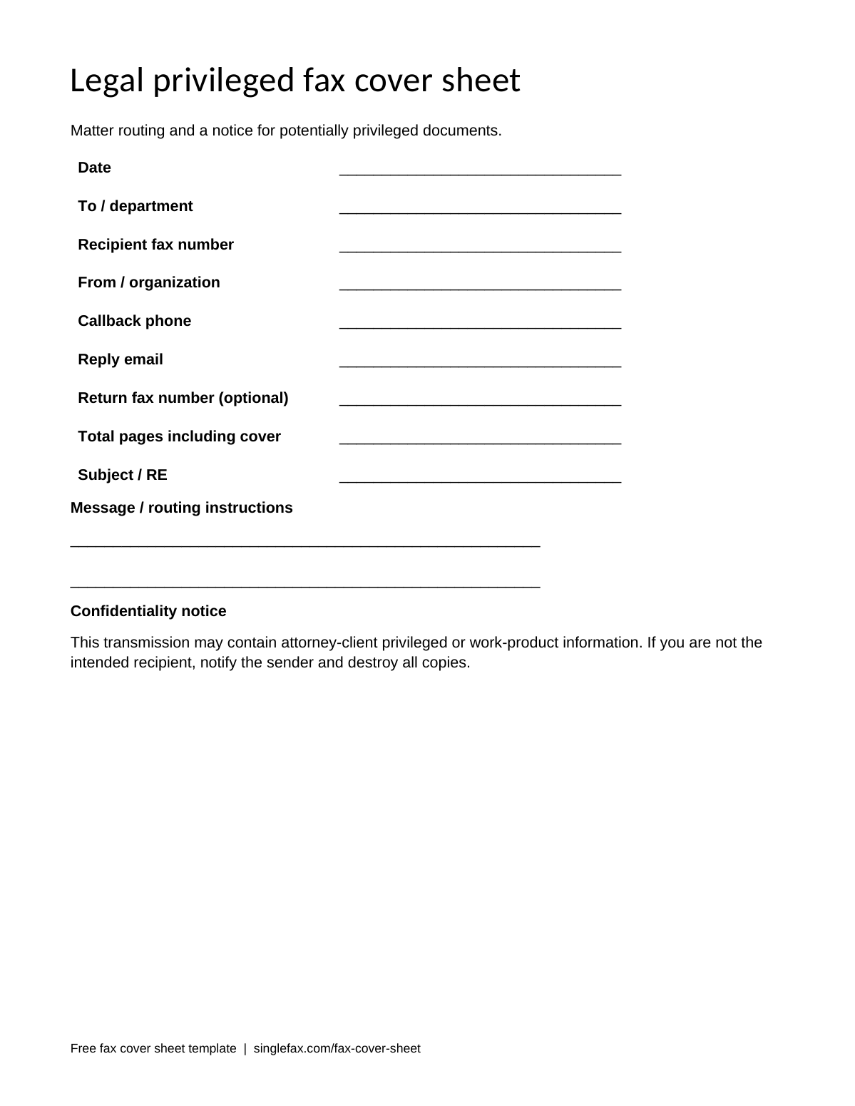 Free printable Legal and privileged fax cover sheet template, available as PDF and Word