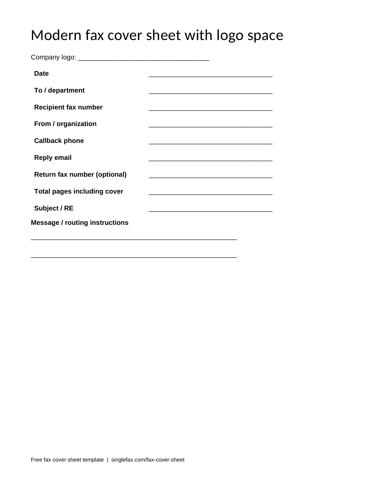 Free printable Modern fax cover sheet with logo space template, available as PDF and Word
