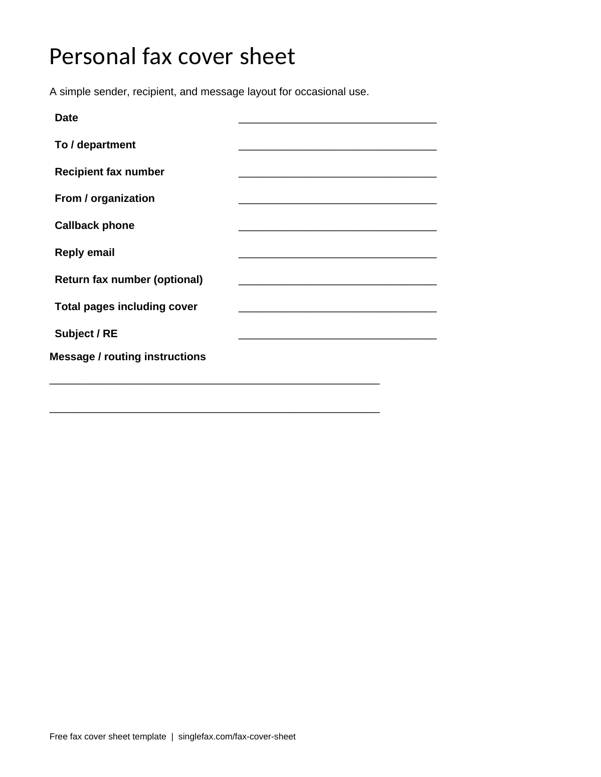 Free printable Personal fax cover sheet template, available as PDF and Word