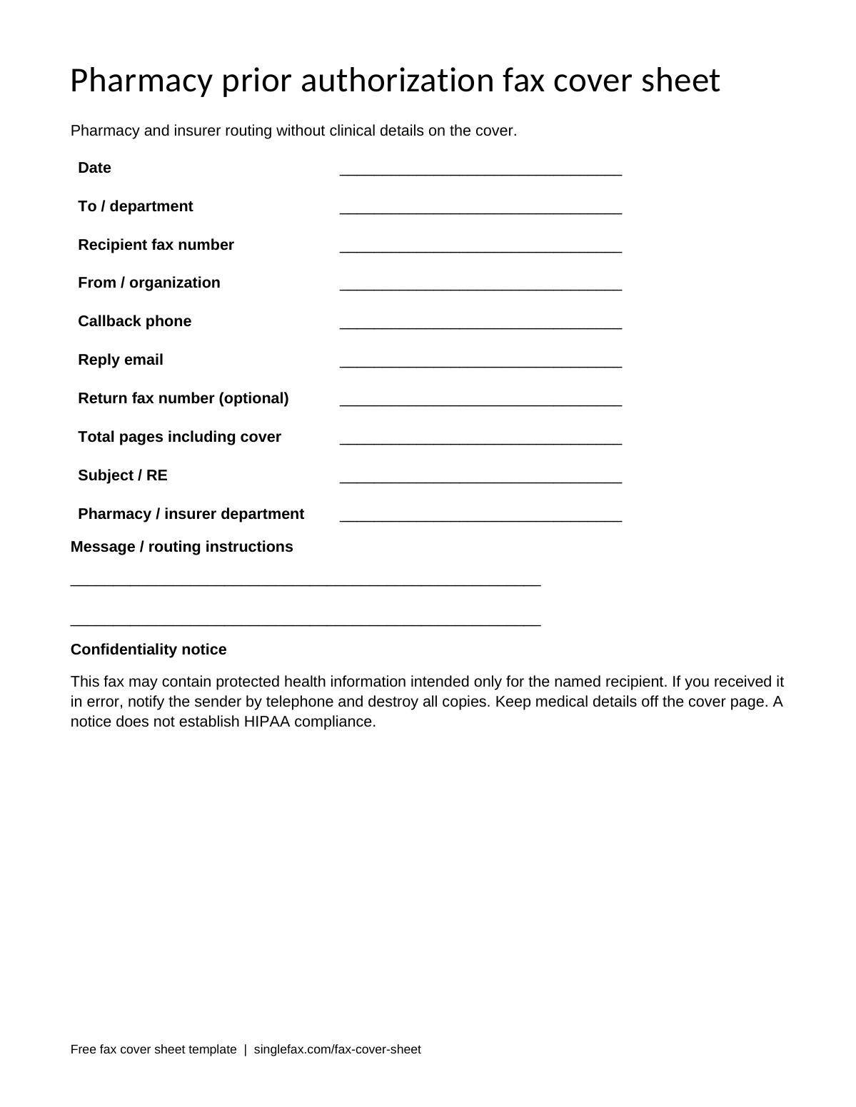 Free printable Pharmacy prior authorization fax cover sheet template, available as PDF and Word