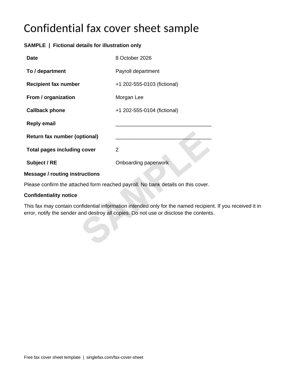Sample confidential HR fax cover sheet for payroll onboarding