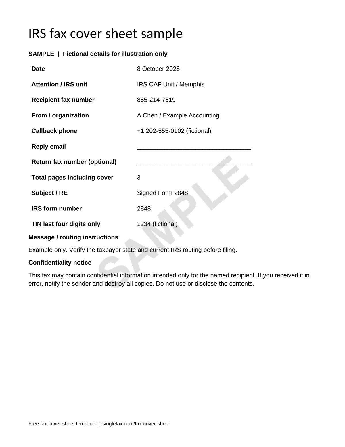 Sample IRS Form 2848 cover addressed to the Memphis CAF Unit