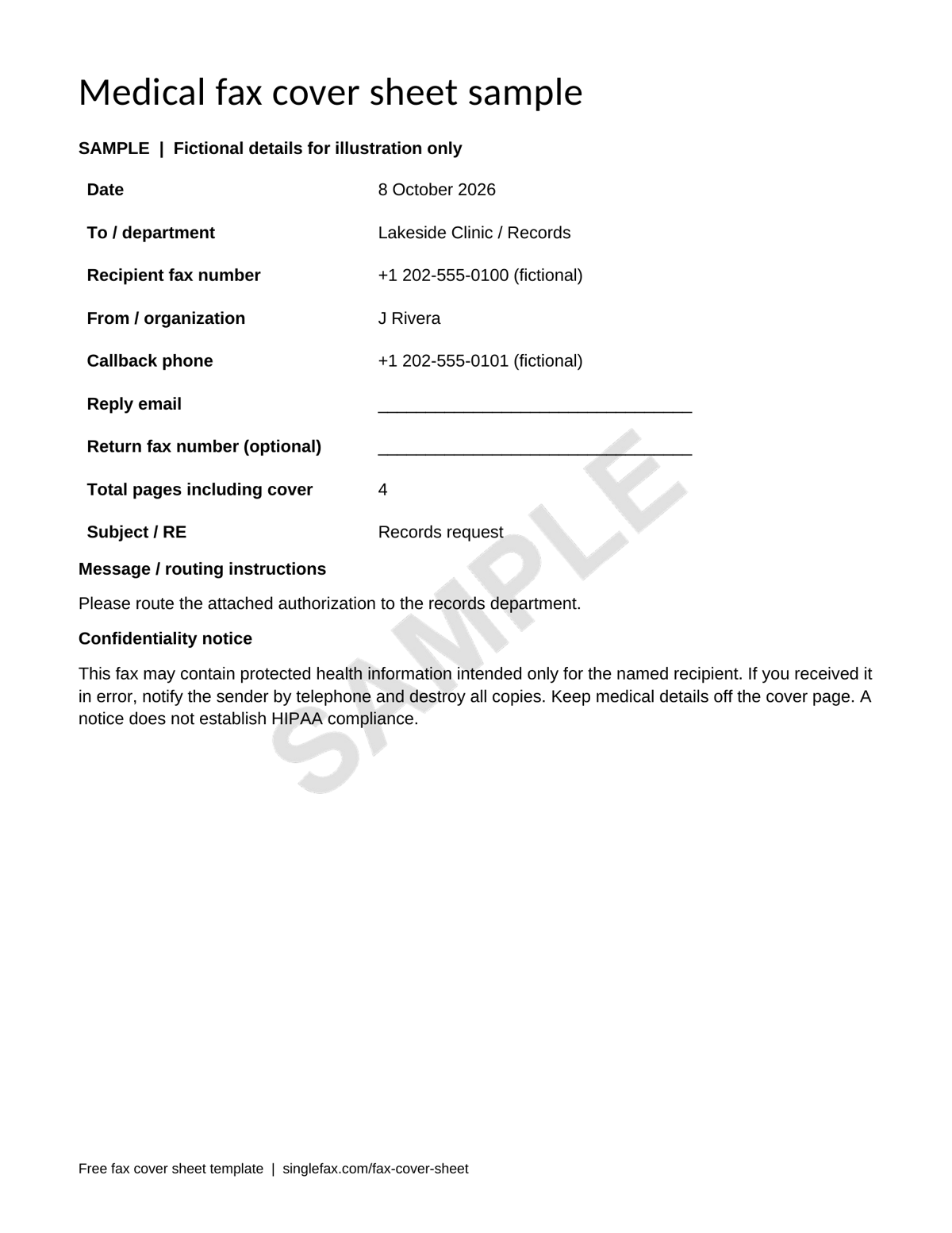 Sample medical fax cover sheet with fictional recipient and sender details