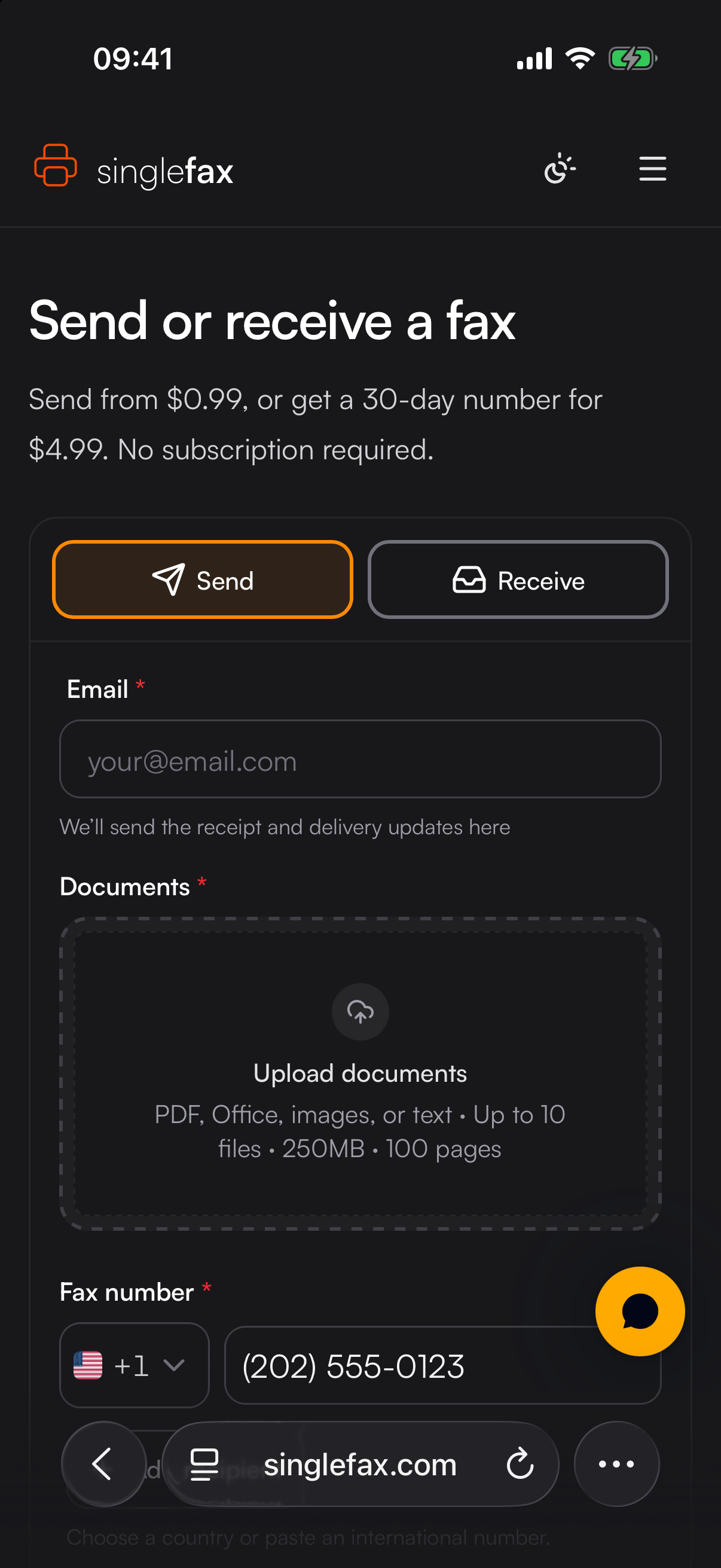 Safari on an iPhone showing SingleFax email, document upload and fax-number fields with a fictional example number