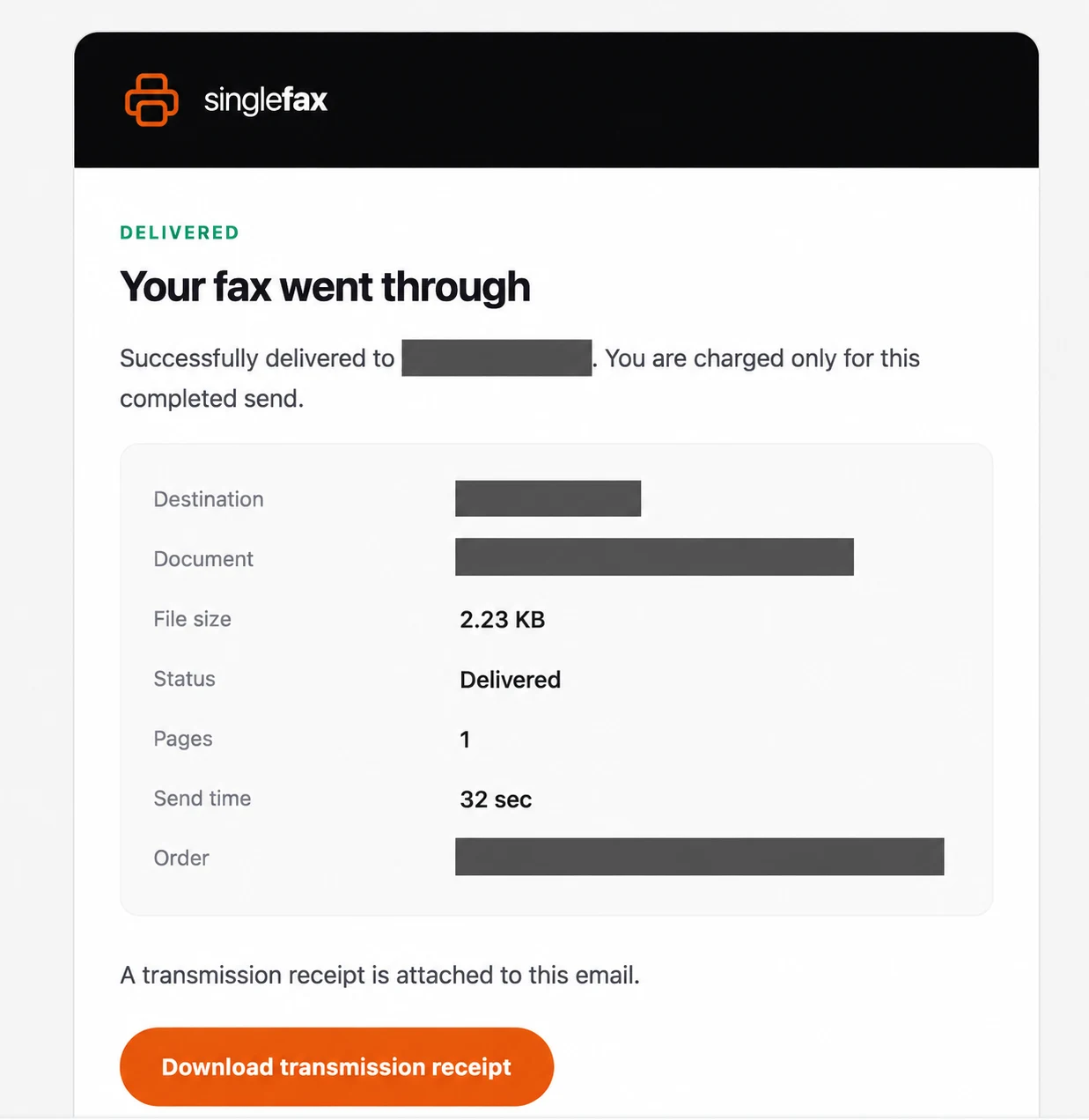 SingleFax delivery email showing Delivered status, one transmitted page and a Download transmission receipt button; identifying details are redacted