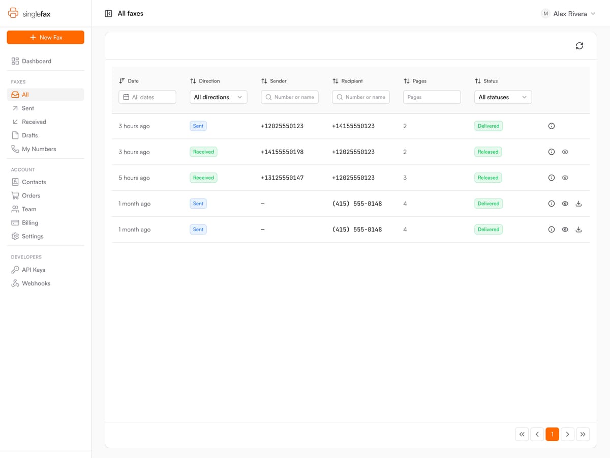 SingleFax dashboard inbox with sent and received faxes, delivery status, and the New Fax button