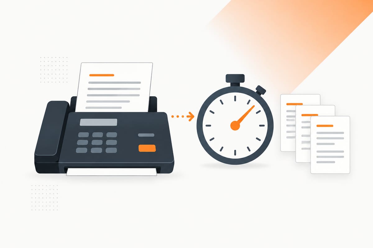 Flat illustration of a fax machine, stopwatch and document pages